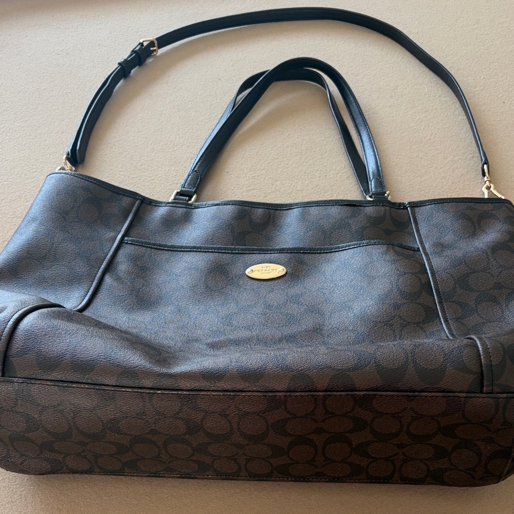 Large Authentic Coach Dark Brown Signature Tote with Black Straps